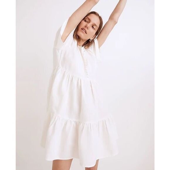 Madewell White Linen-Blend Flutter-Sleeve Tiered Mini Dress - Picture 1 of 14